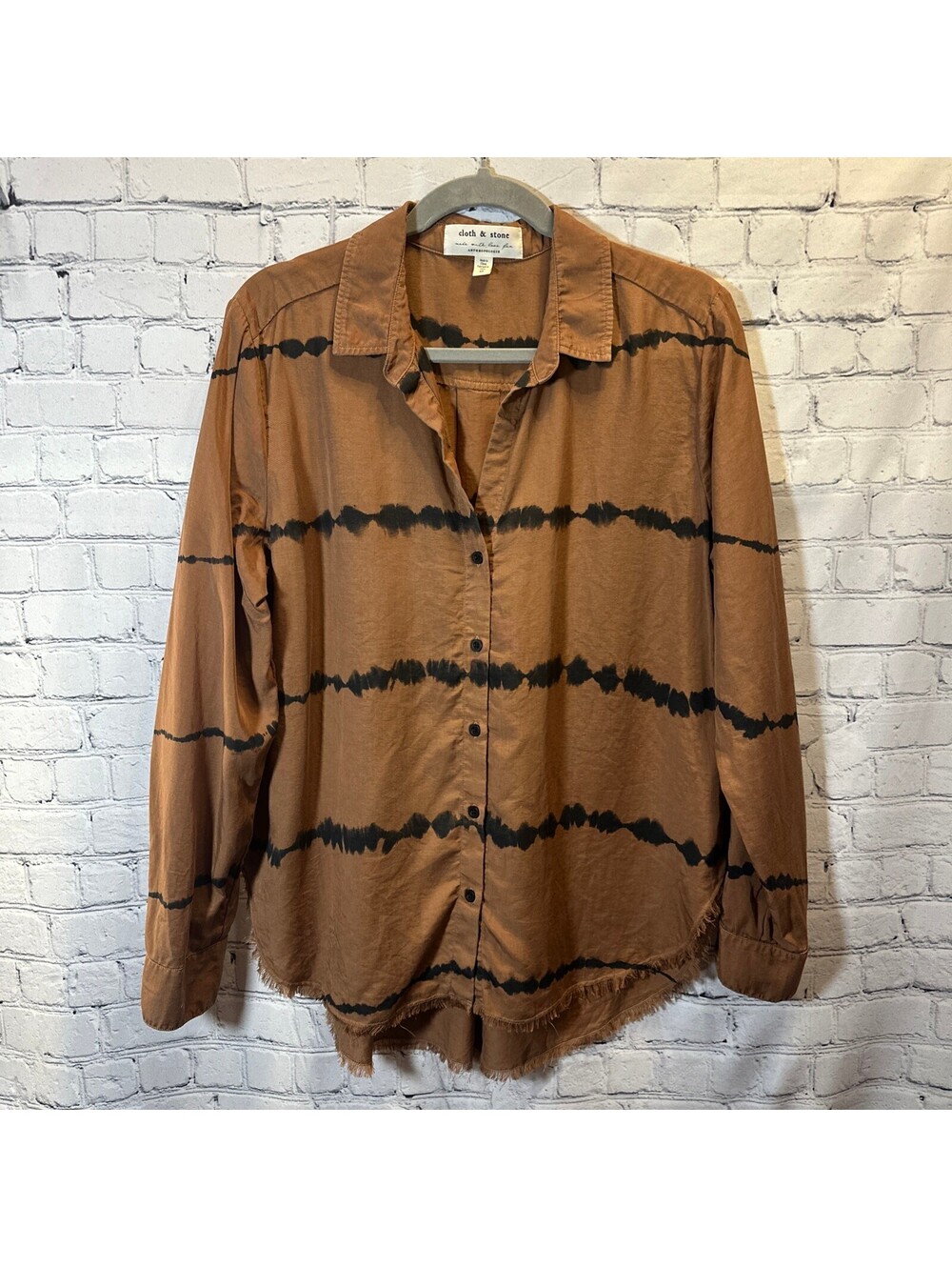 Cloth & Stone Boho Edie Brown Tencel Button Down Black Tie-Dye frayed hem  XL